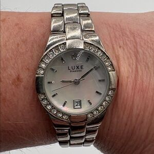 LUXE Diamond Silver Tone Watch Mother of Pearl Dial Date
